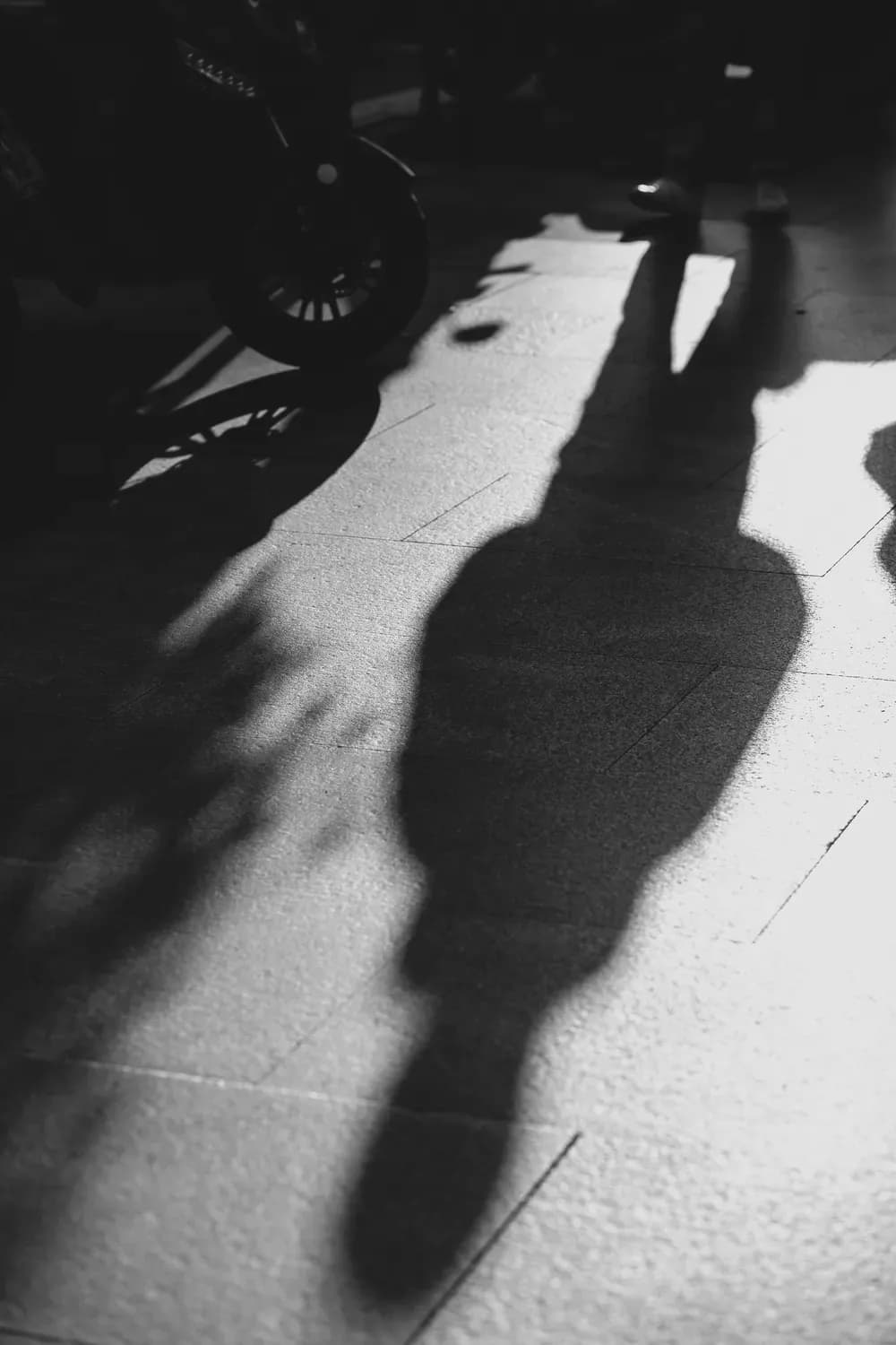 Abstract black-and-white scene showing elongated human shadows cast across a sunlit pavement with soft contrast and urban textures.
