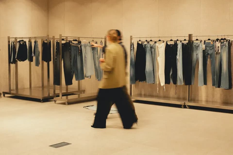 Des rangées de vêtements en denim de différentes teintes sont suspendues à des portants, tandis qu'une personne vêtue de vêtements décontractés et amples passe devant, mettant en évidence la variété des coupes, des finitions et du style décontracté contemporain.